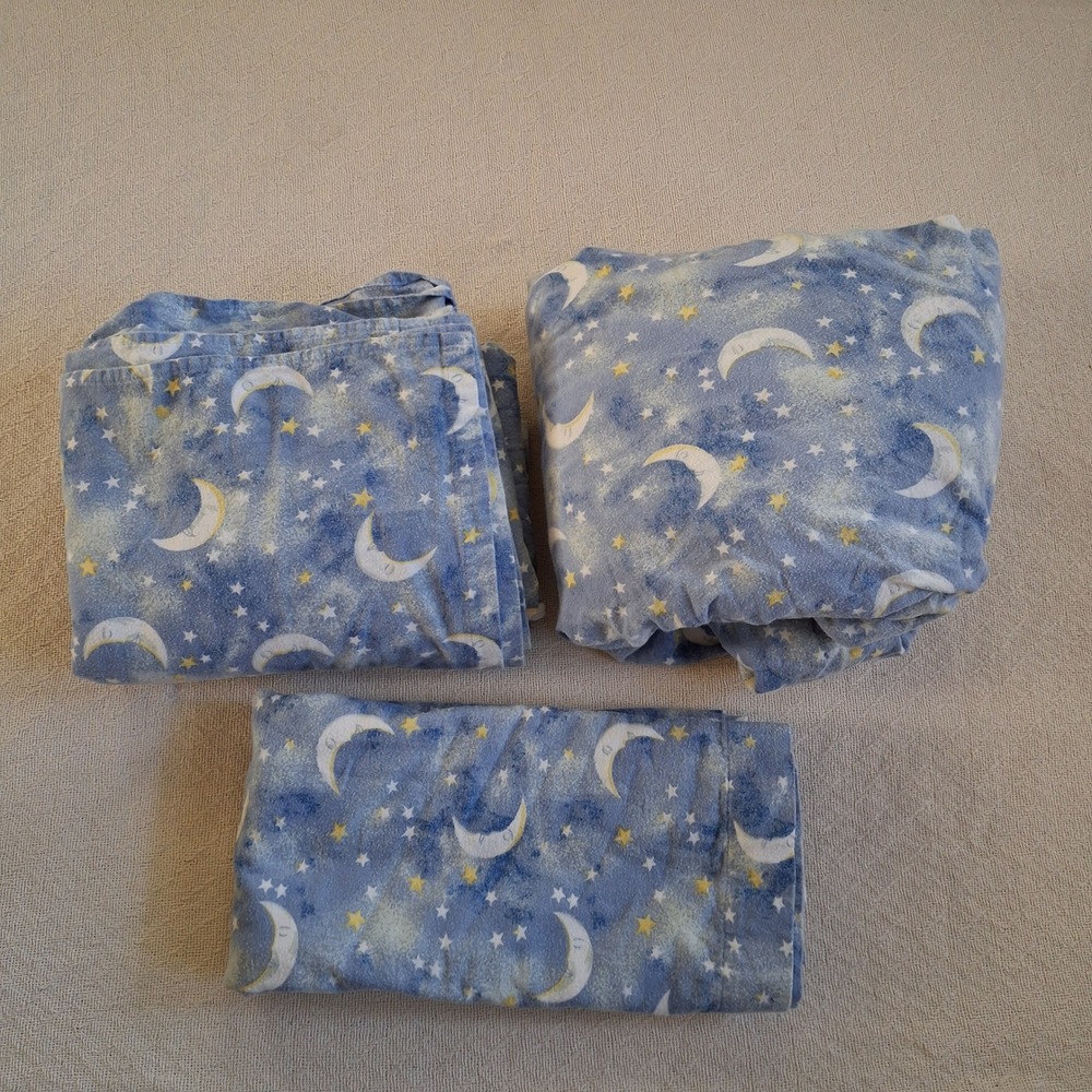 Lanz of Salzburg Sleeping Moon & Stars Portuguese Cotton Flannel Sheet Set 90s